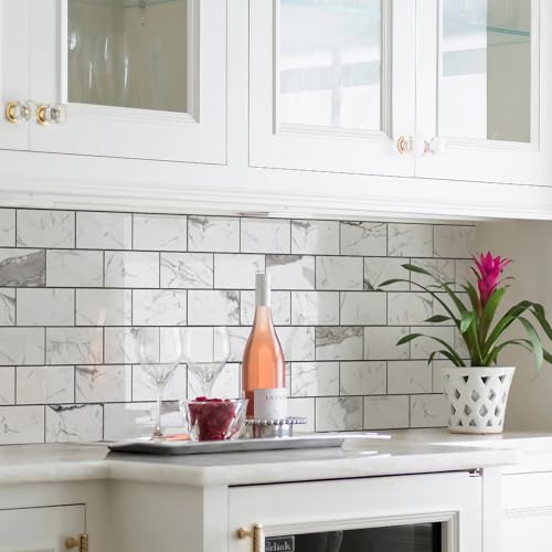 STICKGOO Subway Tile Peel and Stick Backsplash, Glossy White Marble PVC Self Adhesive Tile Backsplash, Stick on Tile for Kitchen and Bathroom(10 Sheets) - color: Glossy Grey Marble