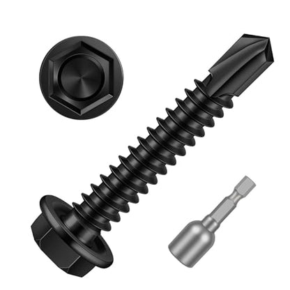 #12 x 1-1/2" (5/8" to 3" Available) Hex Washer Head Self Drilling Sheet Metal Screws with Drill Point, Stainless Steel 410, Black Oxide, 50 PCS - color: Black, size: #12 x 1-1/2"