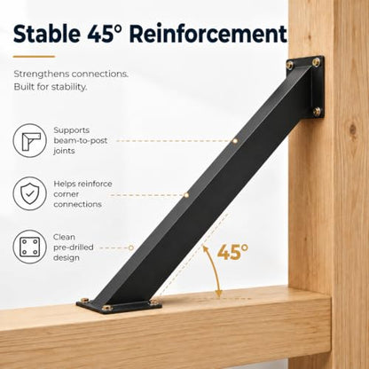 2 Pcs 45 Degree Angle Support Brackets, Heavy Duty Connector Brace for 4x4 Wood Posts and Beams, Black Powder-Coated Steel Corner Joint for Pergola, Gazebo, Tree House, Patio & Cabin