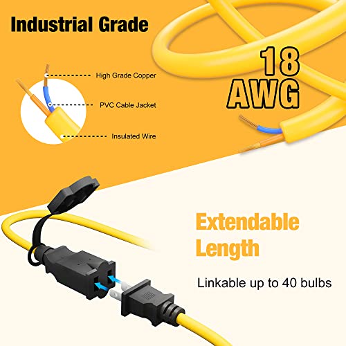 LED Construction String Light 30FT, 50W 6000Lm,18AWG Wire,5000K Linkable String Work Lights with 5 Bulbs & Hooks, Industrial Temporary Lighting for Construction Site, Crawl Space,Job Site,Attic - size: 30FT-2prong