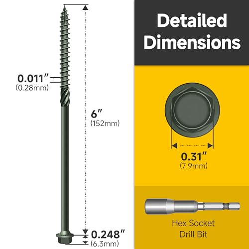 Mywish 100 Pack #14 x 6 Inch Exterior Lag Screws, 6.3x100mm Serrated Hex Washer Structural Deck Wood Screw, Heavy Duty Construction Screw, Rust Resistant Green Coated, Exterior Wood Screws - size: 14 x 6"