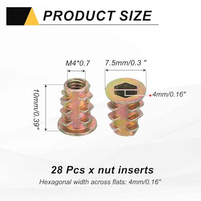 MECCANIXITY 28 Pcs Threaded Inserts for Wood, Zinc Alloy M4 Thread Inserts Nuts Hex Socket Drive Screw 10mm Length for Furniture, Cabinet, Tables and Chairs - size: M4x10mm