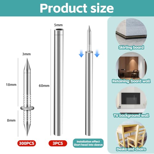 300 Count Double Headed Skirting Nails - Dual Direction Nails for Wooden Baseboards with Included Specific Sleeve Tool, Easy Mark-Free Installation