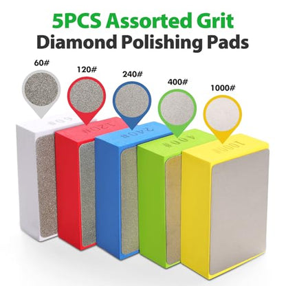 Diamond Hand Polishing Pads, 5PCS Diamond Sanding Pads 60/120/240/400/1000 Grit Sanding Block Foam Backing for Tile Glass Stone Marble Granite Ceramics Metal Wet&Dry (Plane) - color: Plane-5Pcs