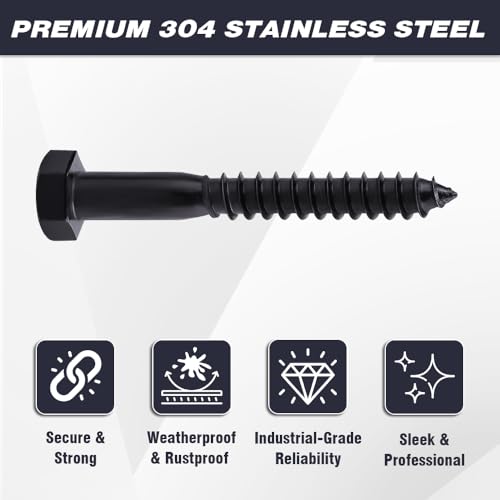 6-Sets 1/2 x 6 Hex Lag Screws and 1/2" ID Flat Washers, 304 Stainless Steel 18/8, Black Coated, Heavy Duty Wood Screws for Deck/Fence/Floor, by AOESIN - size: 1/2 x 6"