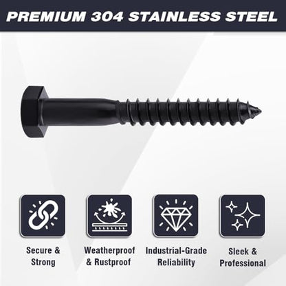 6-Sets 1/2 x 6 Hex Lag Screws and 1/2" ID Flat Washers, 304 Stainless Steel 18/8, Black Coated, Heavy Duty Wood Screws for Deck/Fence/Floor, by AOESIN - size: 1/2 x 6"