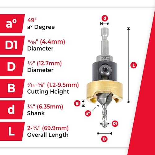 Amana Tool 82 Degree Countersink with Drill Bit Depth Stop and No-Thrust Ball Bearing, 55240, 1/2 D x 11/64 Drill D x 1/4 Inch Quick Release Hex Shank - size: 1/2 D x 11/64 Drill D x 1/4 Inch