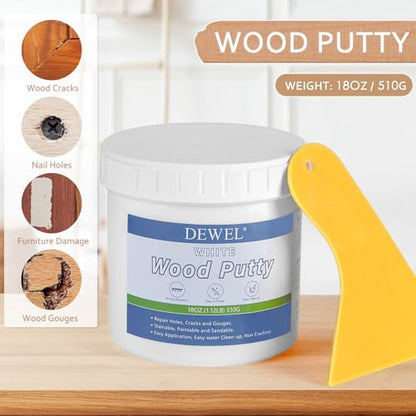 DEWEL Wood Putty, White Wood Filler Putty, 18 Ounce Wood Filler Paintable, Stainable, Premium Wood Furniture Repair Kit Quickly Restore Wood Holes and Cracks on Wooden Furniture - size: 18 Ounce