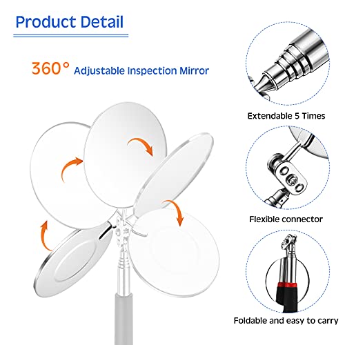 Frienda 2 Pcs LED Telescoping Inspection Mirror, Flexible Round Mirror Tool
