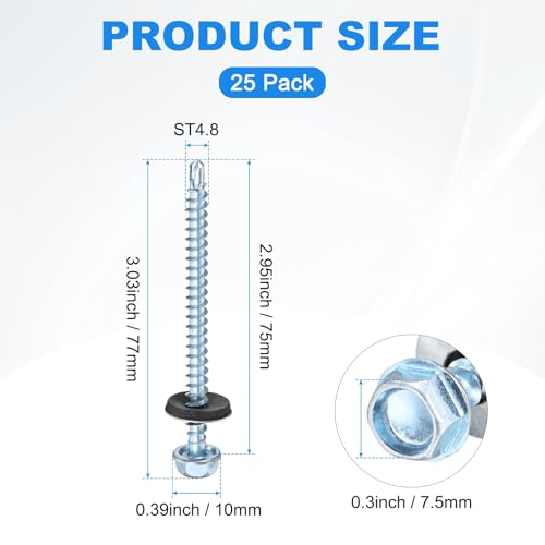 M METERXITY 25-Pack Self Drilling Screws with Rubber Washer #10 x 2-61/64" Zinc Plated Carbon Steel Hex Head Self-Tapping Screws for Metal Roofing/Siding Panels/Steel Structures [ 77mm Length] - size: M4.8 x 75mm