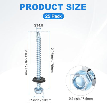 M METERXITY 25-Pack Self Drilling Screws with Rubber Washer #10 x 2-61/64" Zinc Plated Carbon Steel Hex Head Self-Tapping Screws for Metal Roofing/Siding Panels/Steel Structures [ 77mm Length] - size: M4.8 x 75mm