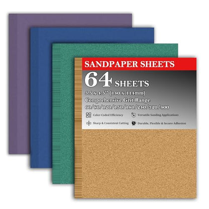 64Pcs 1/4 Sheet Sandpaper Assortment Pack 60/80/120/150/180/240/320/400Grit