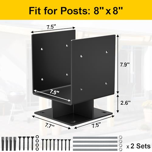 2Pcs 8x8 Concrete Post Base,Heavy Duty Adjustable Anchor Bracket - size: 8x8