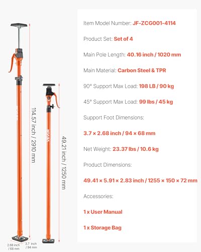 VEVOR Cabinet Jack Support Pole, 4-Pack, 49.2-114.6 Inch Steel Telescopic Quick Support Rod, Adjustable 3rd Hand System up to 198 lbs Capacity for Installing Cabinets, Lifting Drywall, Cargo Bars - style: 49.2"-114.6" 4PC