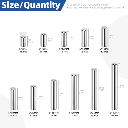 Glarks 135pcs M5 Solid Dowel Pins Kit, 11 Sizes Stainless Steel Cylindrical Shelf Support Peg Pin Rod Fastener, Parallel Dowel Pin Fastener for Machinery Manufacturing, Furniture Installation - size: 136pcs M5