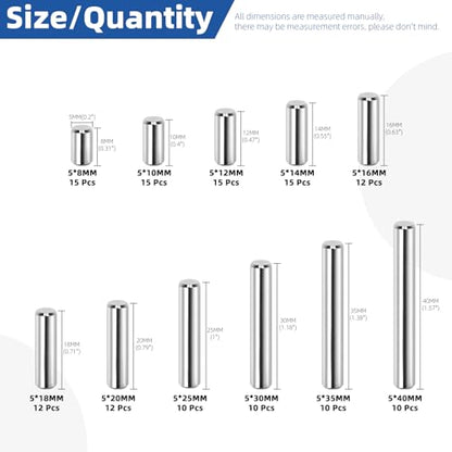 Glarks 135pcs M5 Solid Dowel Pins Kit, 11 Sizes Stainless Steel Cylindrical Shelf Support Peg Pin Rod Fastener, Parallel Dowel Pin Fastener for Machinery Manufacturing, Furniture Installation - size: 136pcs M5