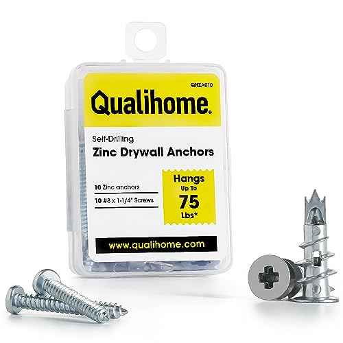 Qualihome Zinc Self Drilling Drywall Anchor Hollow Wall Anchor Kit With Screws - Metal Self Drilling Drywall Anchors With Wide Screw Fins - #8 Zinc Drywall Anchors Heavy Duty (10 Pack) - size: 10 Pack