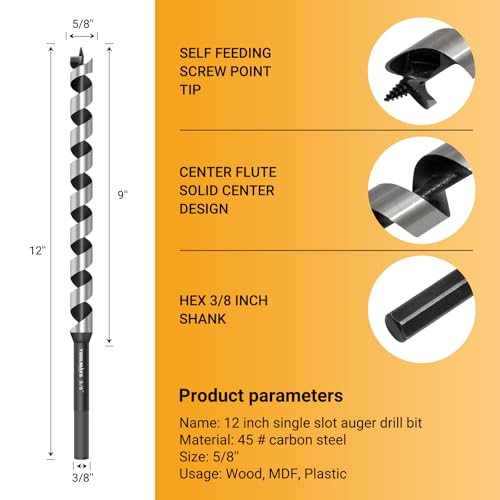 5/8 x 12 Inch Auger Drill Bit, Hex Shank 3/8 Inch - size: 5/8" x 12"