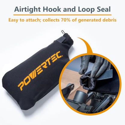 POWERTEC Miter Saw Dust Collector Bag for 10", 12" Miter Saw, Fits Nominal 2-1/2" Dust Ports, Hook and Loop Dust Bag w/Zipper and Wired Adjustable Stand for Belt Sander (75075) - style: 2-1/2" Dust Ports, Miter Saw Dust Bag, 1PK