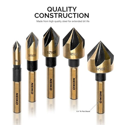 NEIKO 10218A Countersink Drill Bit Set for Wood and Metal, 1/4” Tri-Flat Shank, 5 Piece Countersink Bits, M2 High Speed Steel - size: 5 Piece, style: Countersink