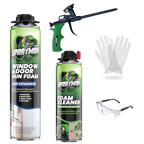 Sprayman Window & Door Expanding Spray Foam - (1x24oz) Low Expansion Polyurethane Spray Foam for Doors, Windows & Walls, Gun Use & Reuseable, Gun&Cleaner Included - 1 Pack - size: 1 Pack, style: Set