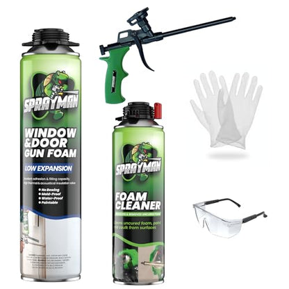 Sprayman Window & Door Expanding Spray Foam - (1x24oz) Low Expansion Polyurethane Spray Foam for Doors, Windows & Walls, Gun Use & Reuseable, Gun&Cleaner Included - 1 Pack - size: 1 Pack, style: Set