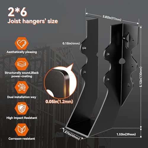 25 Pcs Black 2x6 Joist Hangers for Wood, 18 Gauge Rafter Brackets, face Mount 2x6 Joist Hangers, Hurricane Ties Brackets for Shed/Barn/Coop/Porch/Truss, Structurally Sound and Aesthetically Pleasing - size: 25 Pcs 2x6, style: Black Joist Hanger