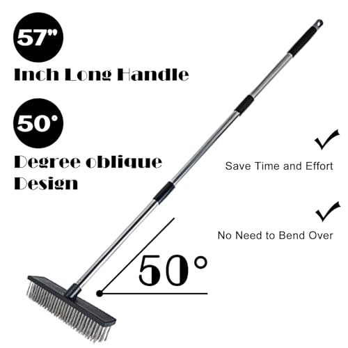 Heavy Duty Wire Push Broom Brush, 15.7" Stainless Steel Bristle Deck Brush with Long Handle for Removing Weeds, Outdoor Broom for Rough Surface Dirt