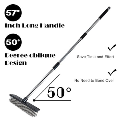 Heavy Duty Wire Push Broom Brush, 15.7" Stainless Steel Bristle Deck Brush with Long Handle for Removing Weeds, Outdoor Broom for Rough Surface Dirt