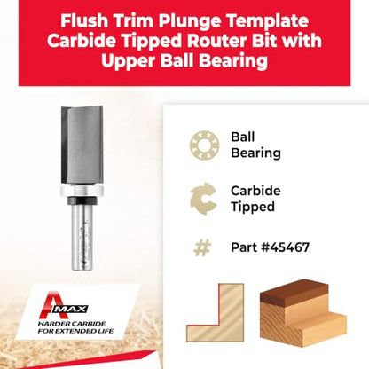 Amana Tool 45467 Carbide Tipped Flush Trim Plunge Template Router Bit 1 Inch Dia x 1-3/4 x 1/2 Shank with Upper Ball Bearing - size: 1" Dia x 1-3/4 x 1/2 Sh