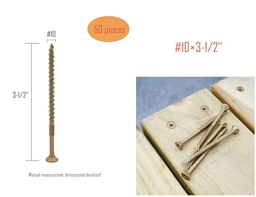 LBY 50pcs Deck Screws, # 10 × 3-1/2'' Heavy-Duty Outdoor Wood Screws, Alloy Steel, Galvanized & Rust-Resistant with Road Rust Treasure Technology, Star Bit, (Golden) - size: # 10 × 3-1/2''