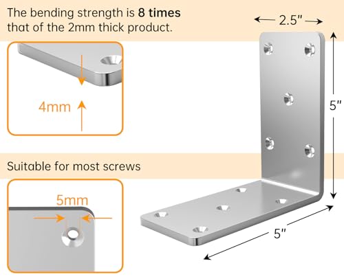 (8PCS) Heavy Duty L Brackets 5x5x2.5 for Wood,Metal Shelf Brackets,90 Degree Corner Bracket,Large Right Angle Bracket, Pergola Brackets Silver - size: 5x5x2.5” (8 Pack)