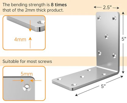(8PCS) Heavy Duty L Brackets 5x5x2.5 for Wood,Metal Shelf Brackets,90 Degree Corner Bracket,Large Right Angle Bracket, Pergola Brackets Silver - size: 5x5x2.5” (8 Pack)