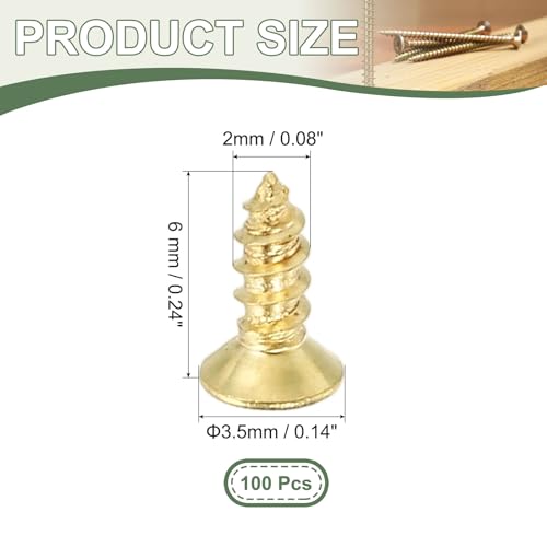 Brass Wood Screws Self Tapping Screws, M2 x 6 mm Flat Cross Head Fit for Door Hinges Electronics Furniture (100 Pack, Gold Tone) - size: M2 x 6 mm