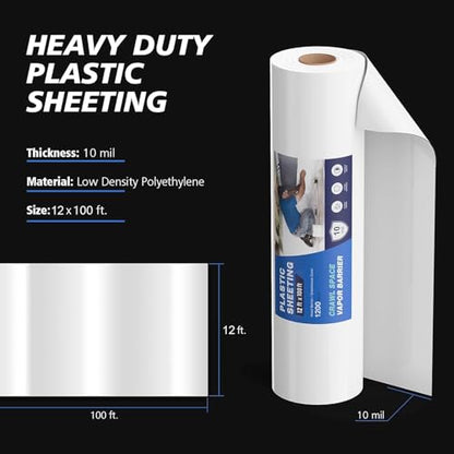 Crawl Space Vapor Barrier - 10 mil (12' x 100'), Thick Plastic sheeting, Drop Cloth Moisture Barrier Covering for Crawl Space Encapsulation, Blackout Plastic Painters Tarp, Black and White Panda Film - size: 10 Mil 12' x 100'
