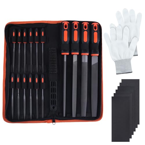 25PCS Metal File Set with Storage Bag, T12 Drop Forged Carbon Steel Flat/Triangle/Half-Round/Round Large File and 12PCS Precision Needle File with Sandpaper Brush Gloves, Work for Metal, Wood