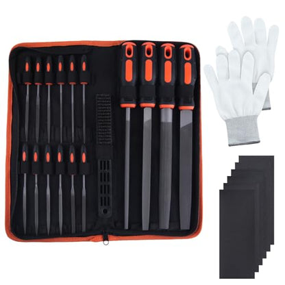 25PCS Metal File Set with Storage Bag, T12 Drop Forged Carbon Steel Flat/Triangle/Half-Round/Round Large File and 12PCS Precision Needle File with Sandpaper Brush Gloves, Work for Metal, Wood