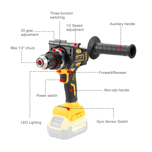 1/2" Brushless Hammer Drill for DEWALT 20V Battery, 1416 In-Lbs, Anti-Twist