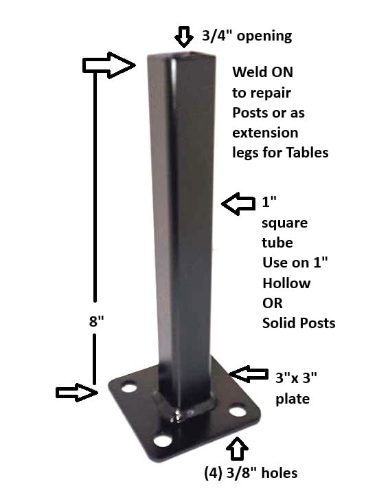 Weld-On Repair for 1" Outdoor Rusty Iron Stair Railings Post Base 8" Handrail Brackets, Square Metal Posts,3 inch Plates Solid Sq. & Tube-Broken Out of Cement Black Paint w Bolts