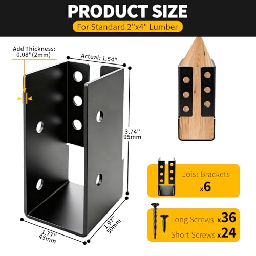 Concealed Joist Hangers 2" x 4",Outdoor Trim Concealed Flanges for Wood Fence,Heavy Duty Steel Mount Joist Hangers Connector for Swing Set Brackets,Handrails(Black,4Pcs)