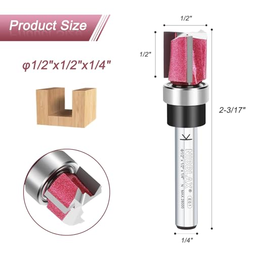 3-Flute Top Bearing Flush Trim Bit 1/4" Shank 1/2" Dia 1/2" Cut Length - size: 1/2"Dia x 1/2" x 1/4"Sh, style: Top Bearing