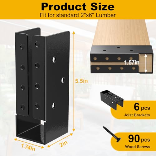 FMhotu Concealed Joist Hanger (6 Pack), 2"x6" Outdoor Concealed-Flange Joist Bracket with Screws, Q235B Steel Powder Coated Concealed Mount Light Joist Hangers for 2"x6" Beam, Swing, Handrail, Fence - size: 2X6