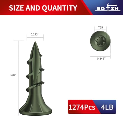 #8 x 5/8" Deck Screws (1274Pcs) 4lb. Exterior Wood Screws. Carbon Steel, Green, Flat Head, Rust Resistant epoxy Coated, with T25 Star Bit - color: Green, size: #8 x 5/8"