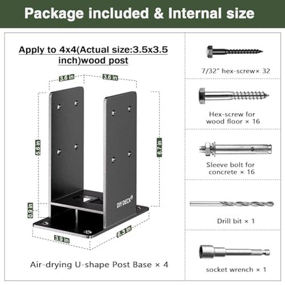 4x4 Wood Post Base (Internal Size 3.6"x3.6") Heavy Duty Stainless Steel Powder-Coated Post Anchor with Air Flow Channel Fence Post Anchor Base for Deck Railing, Pergolas, Fence Pillar, 4Pack - size: 4x4, style: 4Pack