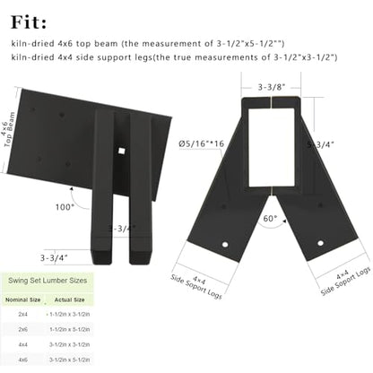 Swing Set Brackets 10", Bolt-Thru Construction Swing Set Hardware Kit with 3MM Thickness Steel for 4x4 Legs & 4x6 Beam, Wood End Bracket Maximum Protection of Children's Safety, Black 2 Pack - style: Black End Bracket