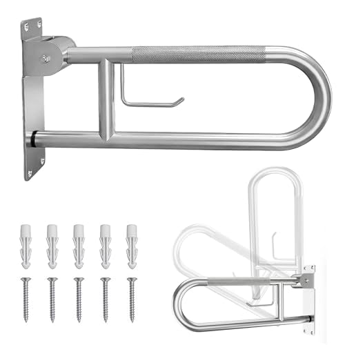 28-Inch Foldable Toilet Grab Bar – 90° Flip-Up Design, Premium 304 Stainless Steel, Anti-Slip Grip with Built-in Paper Holder, Wall-Mounted Handicap Safety Rail, Supports 350–400 lbs - size: 28-Inch