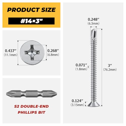 30pk #14 x 3 Flat Head Self-Drilling Sheet Metal Screws, 410 SS + Bit - size: #14 x 3"