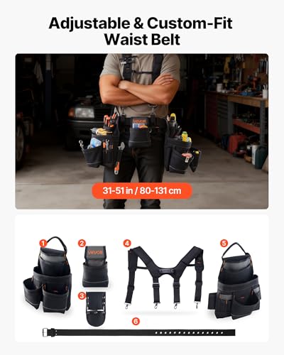 VEVOR Tool Belt, 19 Pockets Tool Pouch with Suspenders for Men, Heavy Duty Adjustable Utility Belt Work Bag Detachable Suspension Rig for Electrician, Carpenter, Construction, Adjust Waist 31 to 51in - size: 19 Pockets