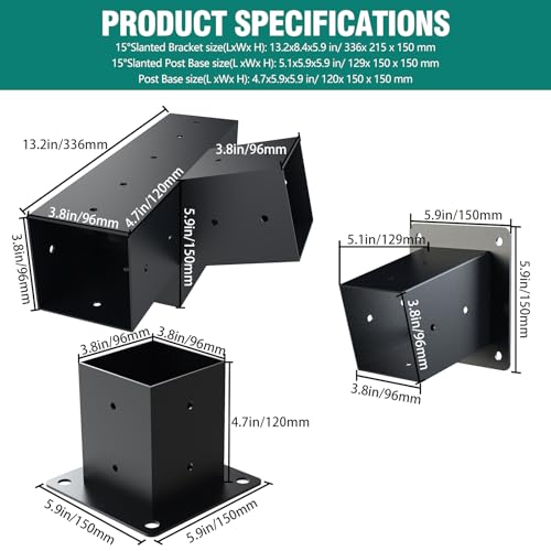 4-Way Brackets with Post Base 3 Pcs Pergola Brackets Kit for 4x4 - size: 1P 15° 4-Way Bracket + 1P 15° Base + 1P Base