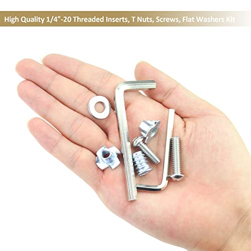1/4-20 Threaded Inserts for Wood, T Nuts, Bolts With Button Head Socket Cap Screws (3/4", 1", 1/4"), Washers and Hex Wrench - 64 Pieces - size: 1/4"-20 Nut Bolt Assortment Kit, 64 Pieces